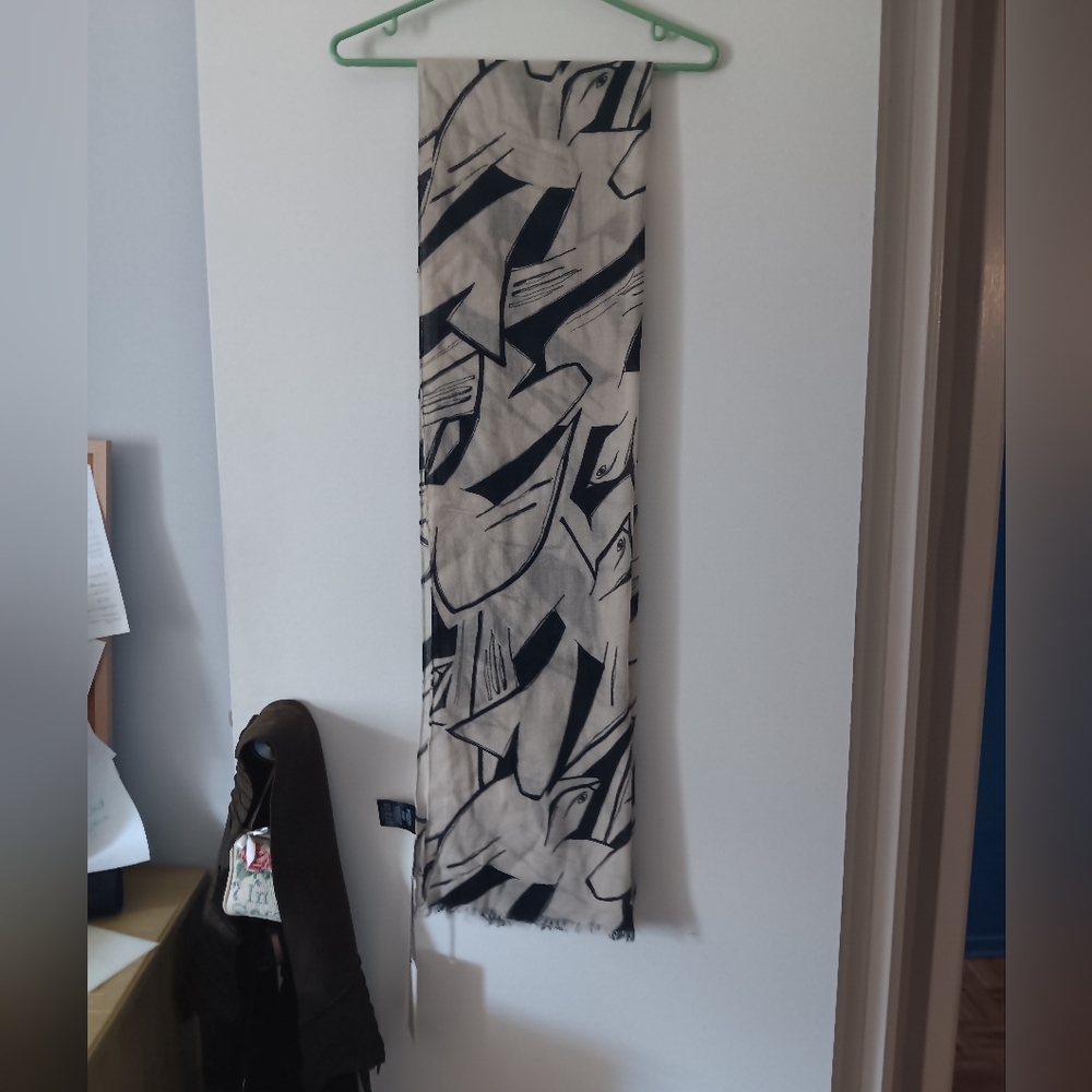 NWT MASAI COPENHAGEN Black + Cream Abstract Bird Print Wool Scarf